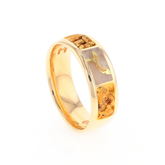 Gold Quartz Ring Rectangle Inlaid with Natural Nugget Sides