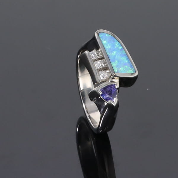 Opal Rings Geometric Inlaid Design with Tanzanite and .08ctw Diamonds