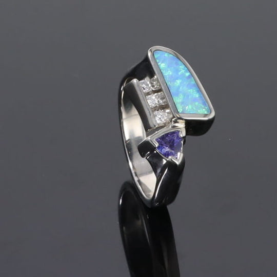 Opal Rings Geometric Inlaid Design with Tanzanite and .08ctw Diamonds