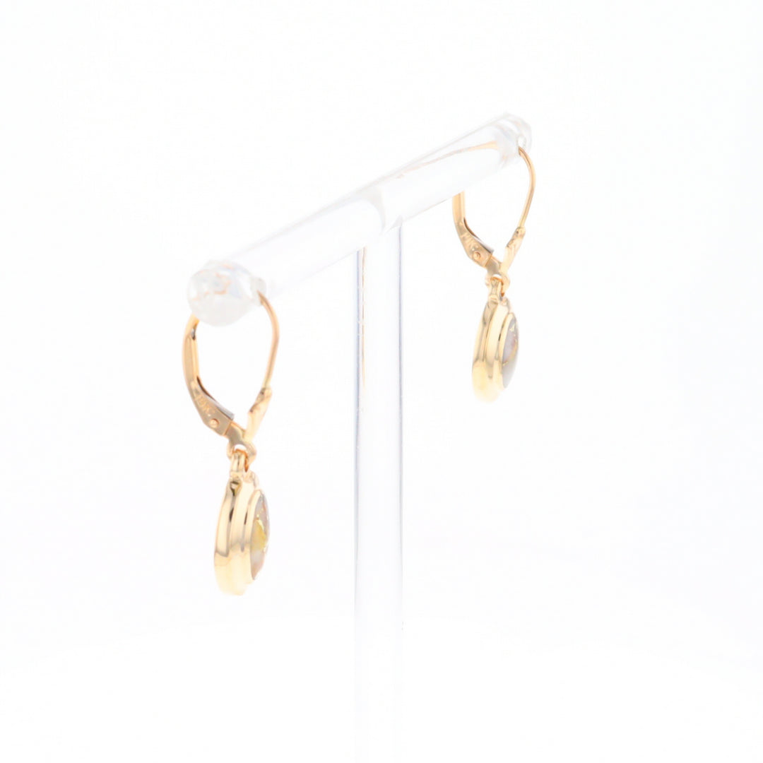 Gold Quartz Earrings Oval Inlaid Design Lever Backs - G2