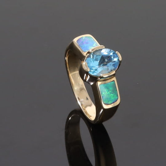 Opal Rings 2 Section Inlaid Design with Oval Swiss Blue Topaz Center