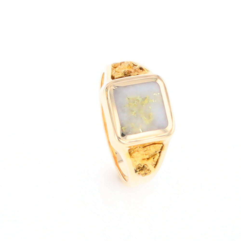 Gold Quartz Ring Square Inlaid Center Design with Natural Nugget Sides