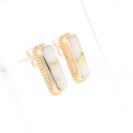 Gold Quartz Earrings Rectangle Inlaid Milgrain Design - G2