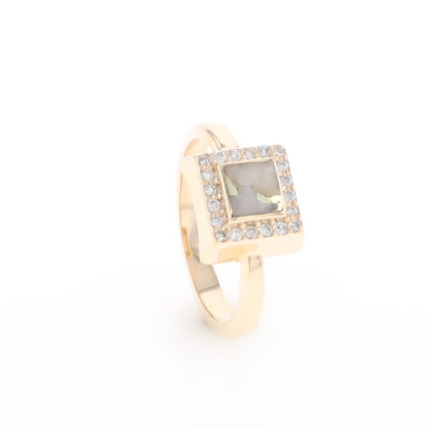 Gold Quartz Ring Square Inlaid Halo .14ctw Diamonds Design