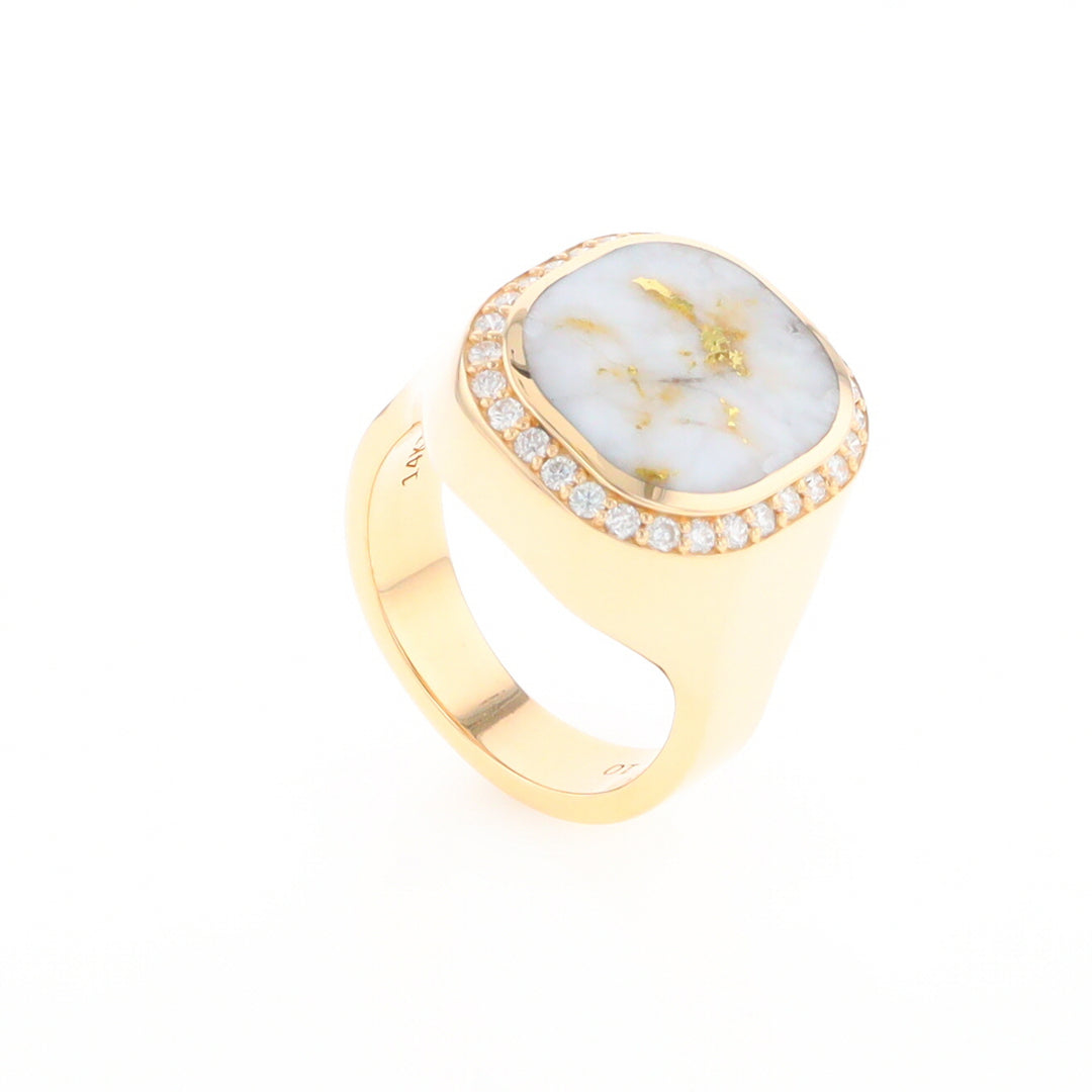 Gold Quartz Cushion Inlaid Men's Ring with Diamond Halo