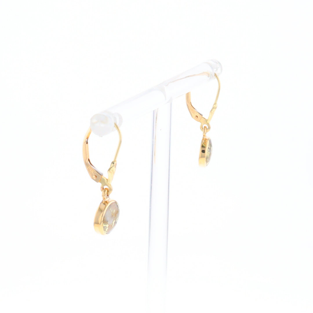 Gold Quartz Earrings Round Inlaid Design Lever Backs