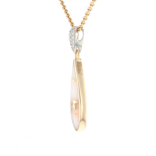 Gold Quartz Necklace, Tear Drop Inlaid Design with .11ctw Diamond Pave Pendant