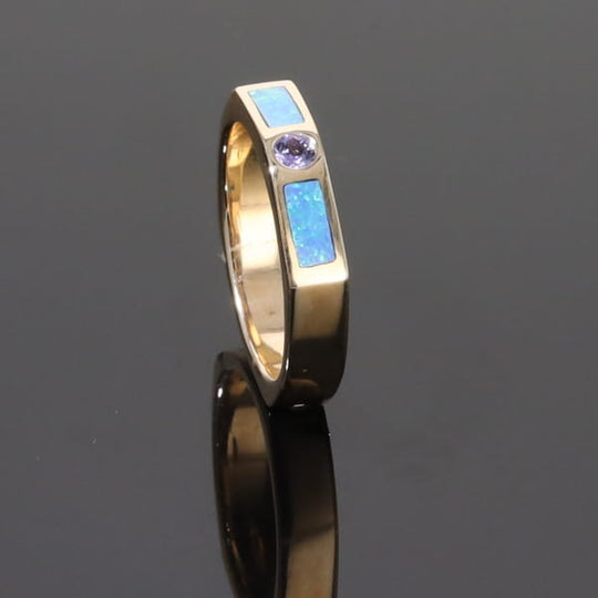 Opal Rings 2 Section Inlaid Design with Round Tanzanite