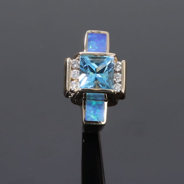 Opal Rings Inlaid Sides Swiss Blue Topaz Center with .24ctw Diamonds