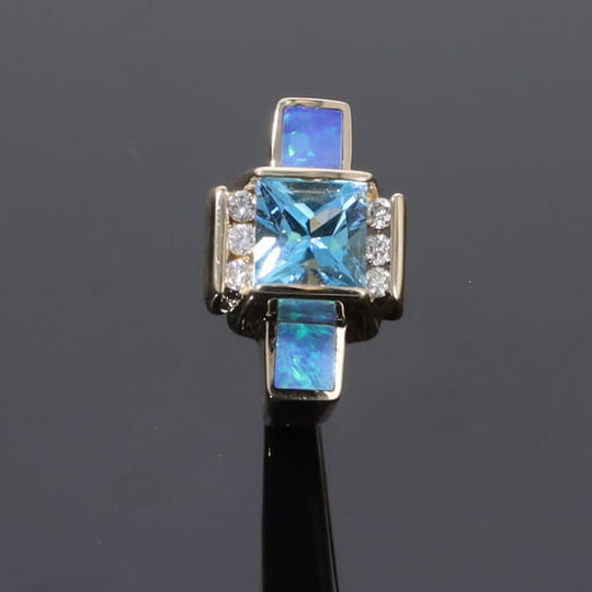 Opal Rings Inlaid Sides Swiss Blue Topaz Center with .24ctw Diamonds