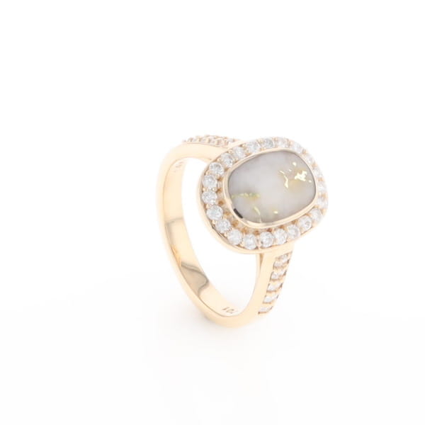 Rectangular Gold Quartz Inlaid Ring with 0.65ctw Diamond Halo