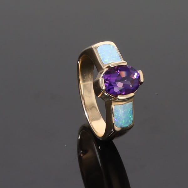 Opal Rings 2 Section Inlaid Design with Oval Amethyst Center