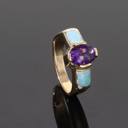 Opal Rings 2 Section Inlaid Design with Oval Amethyst Center