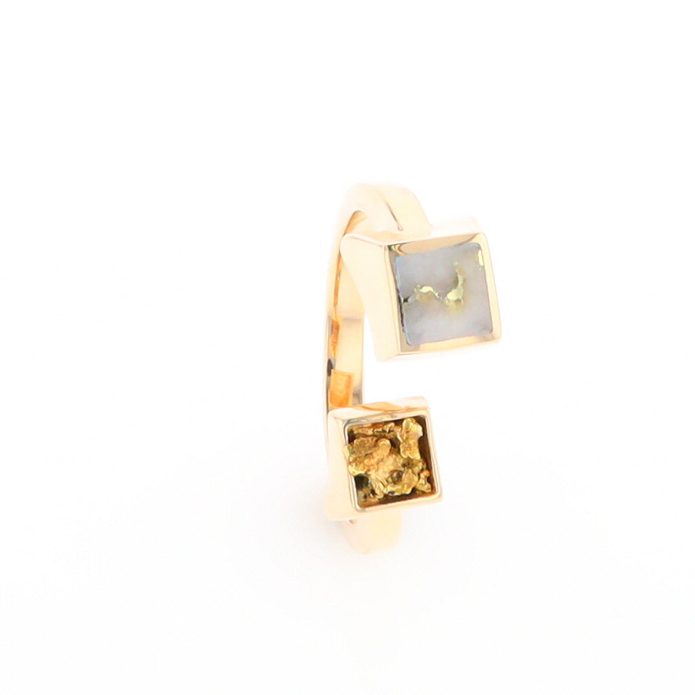 Gold Quartz Ring Natural Nuggets Inlaid Wrap Double Square Design