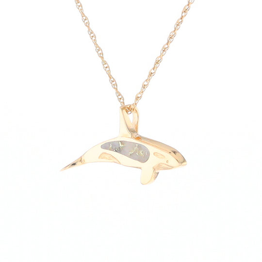 Gold Quartz Necklace Orca Killer Whale Inlaid Sea Life Pendant