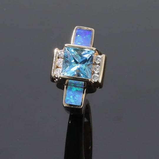 Opal Rings Inlaid Sides Swiss Blue Topaz Center with .24ctw Diamonds