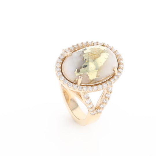 Gold Quartz Ring Oval Cabochon 0.65ctw Round Diamonds Halo