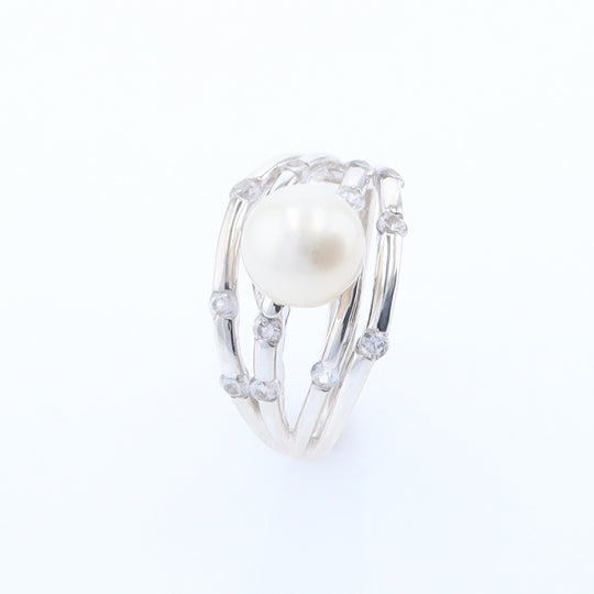 Pearl Bamboo Ring with Cubic Zirconia Accents