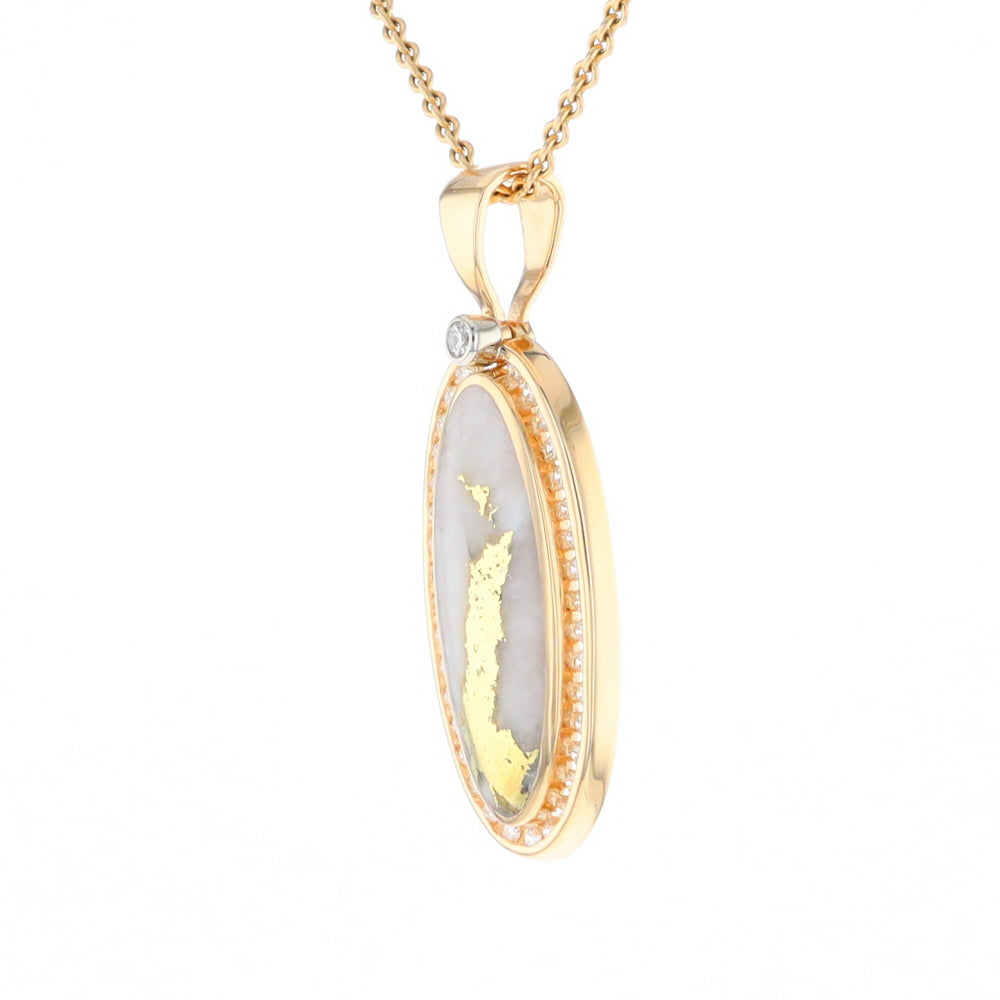 Gold Quartz Necklace .54ctw Halo Diamond Oval Inlaid Pendant