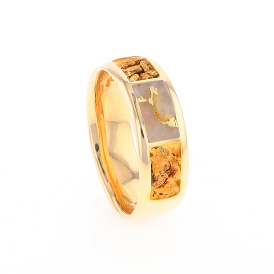 Gold Quartz Ring Rectangle Inlaid with Natural Nugget Sides