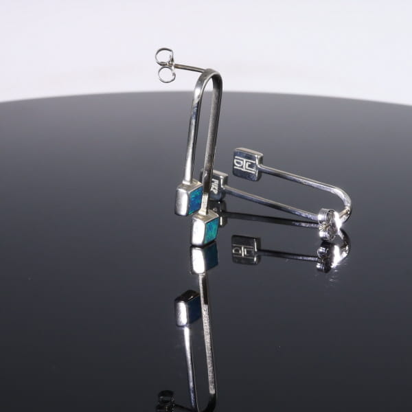 Opal Earrings Curved Bar Double Square Inlaid Ends Design Studs