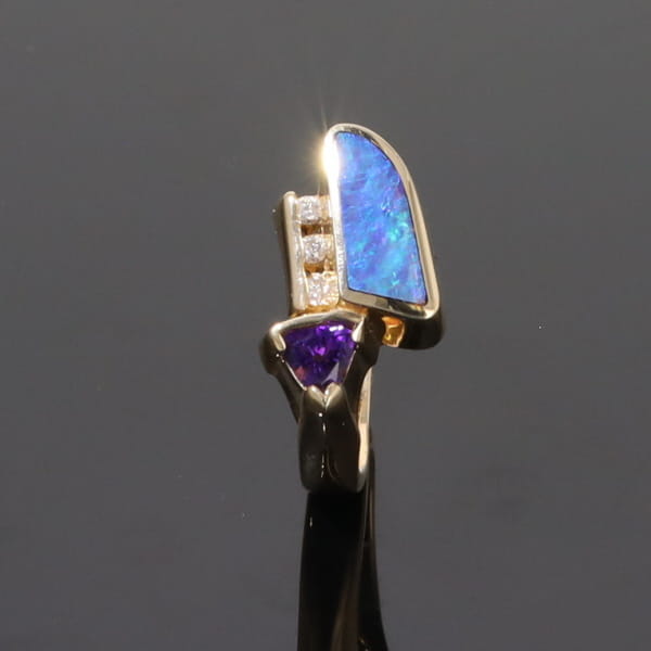 Opal Rings Geometric Inlaid with Amethyst and .08ctw Diamonds