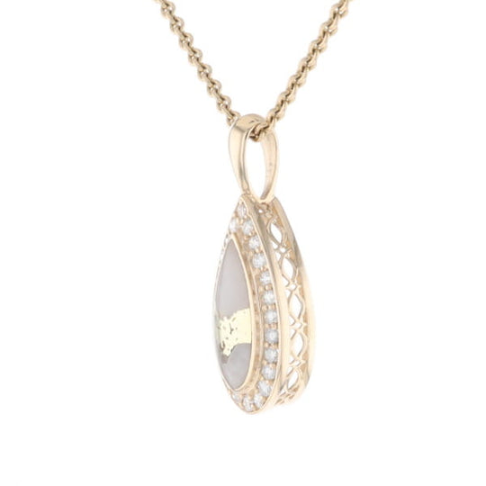 Gold Quartz Pendant Tear Drop Inlaid .42ctw Diamond Halo Design