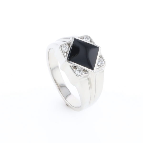 Natural onyx ring diamond shape inlaid design with .16ctw round diamonds