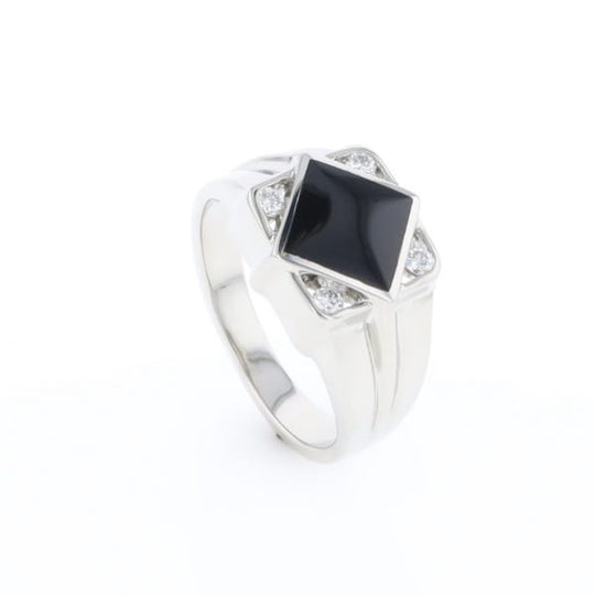 Natural onyx ring diamond shape inlaid design with .16ctw round diamonds