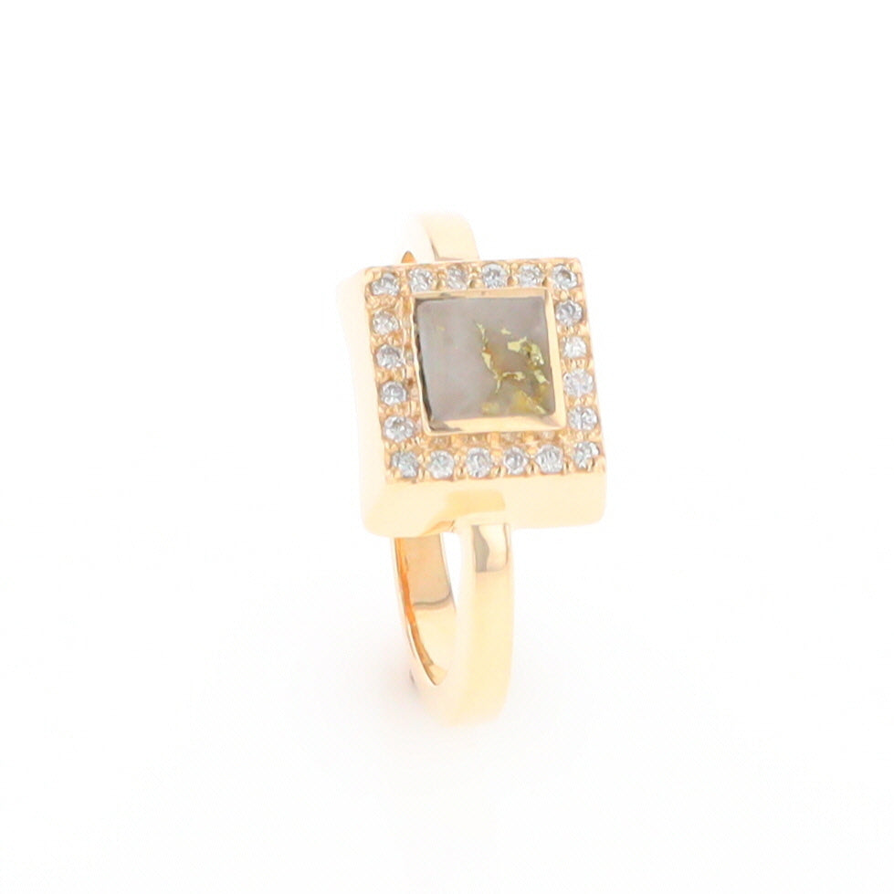 Gold Quartz Ring Square Inlaid Halo .14ctw Diamonds Design