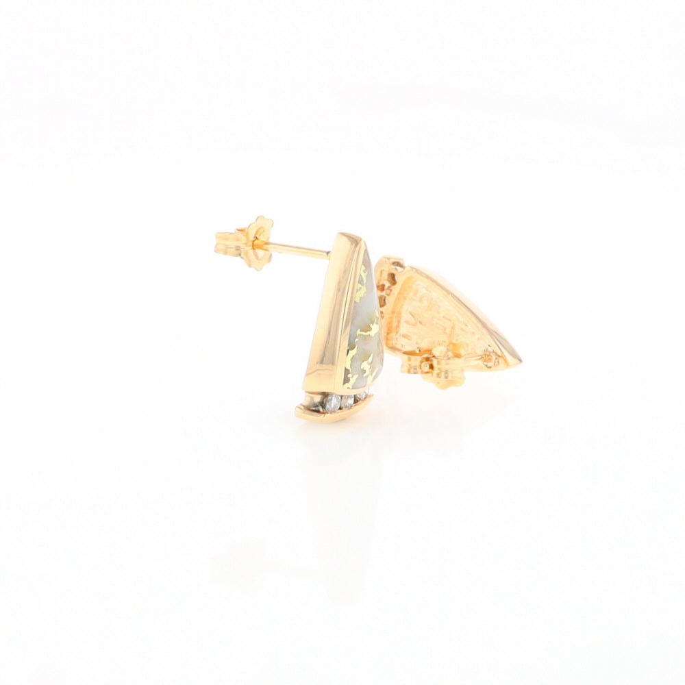 G1 Gold Quartz Earrings Triangle Shape Inlaid Design with .12ctw Diamonds
