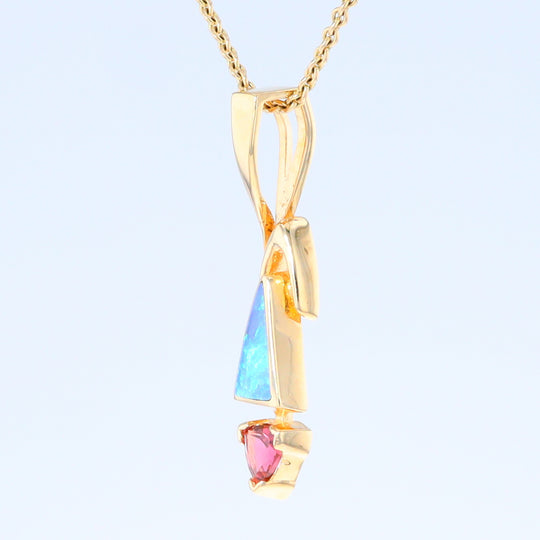 Opal Pendant Triangle Inlaid Design with Trillion Cut Tourmaline