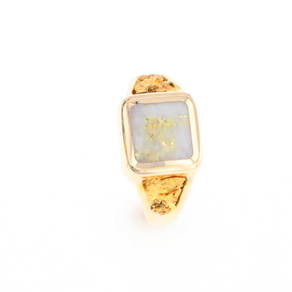 Gold Quartz Ring Square Inlaid Center Design with Natural Nugget Sides