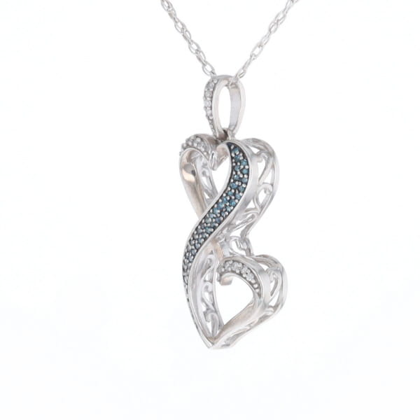 Blue and White Diamond Double Open Heart Pendant with 16" Singapore Chain