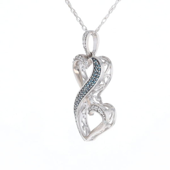 Blue and White Diamond Double Open Heart Pendant with 16" Singapore Chain