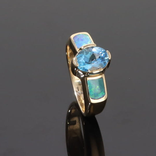 Opal Rings 2 Section Inlaid Design with Oval Swiss Blue Topaz Center