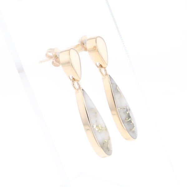 Gold Quartz Earrings Tear Drop Inlaid Design