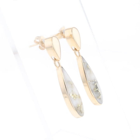 Gold Quartz Earrings Tear Drop Inlaid Design