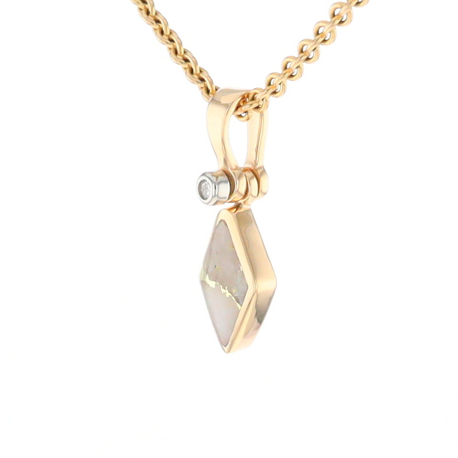 Gold Quartz Necklace Diamond Shape Inlaid Pendant with .02ct Diamond