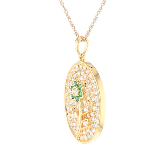 Emerald and Diamond Encrusted Oval Flower Pendant