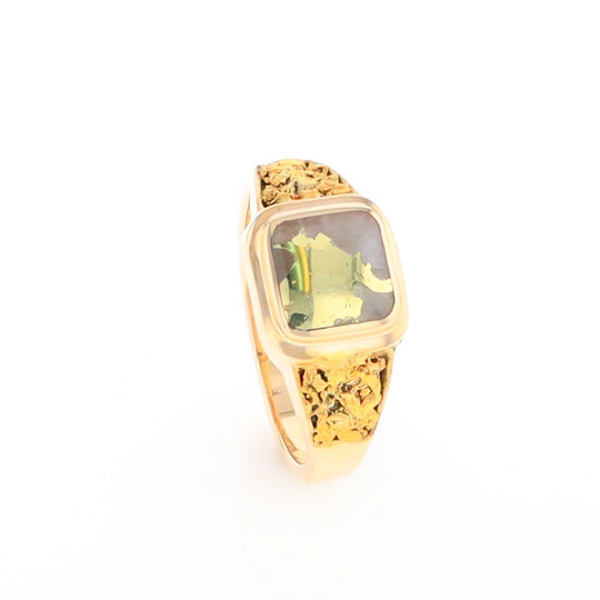 Gold Quartz Ring Square Inlaid Design Double Natural Nugget Sides