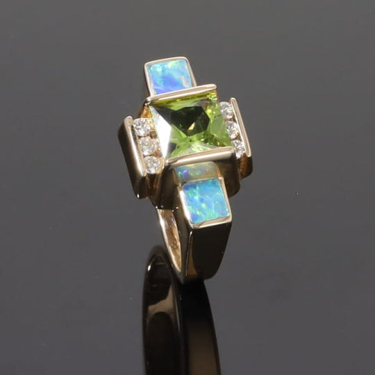 Opal Rings 2 Square Inlaid Peridot with 0.24ctw Diamonds