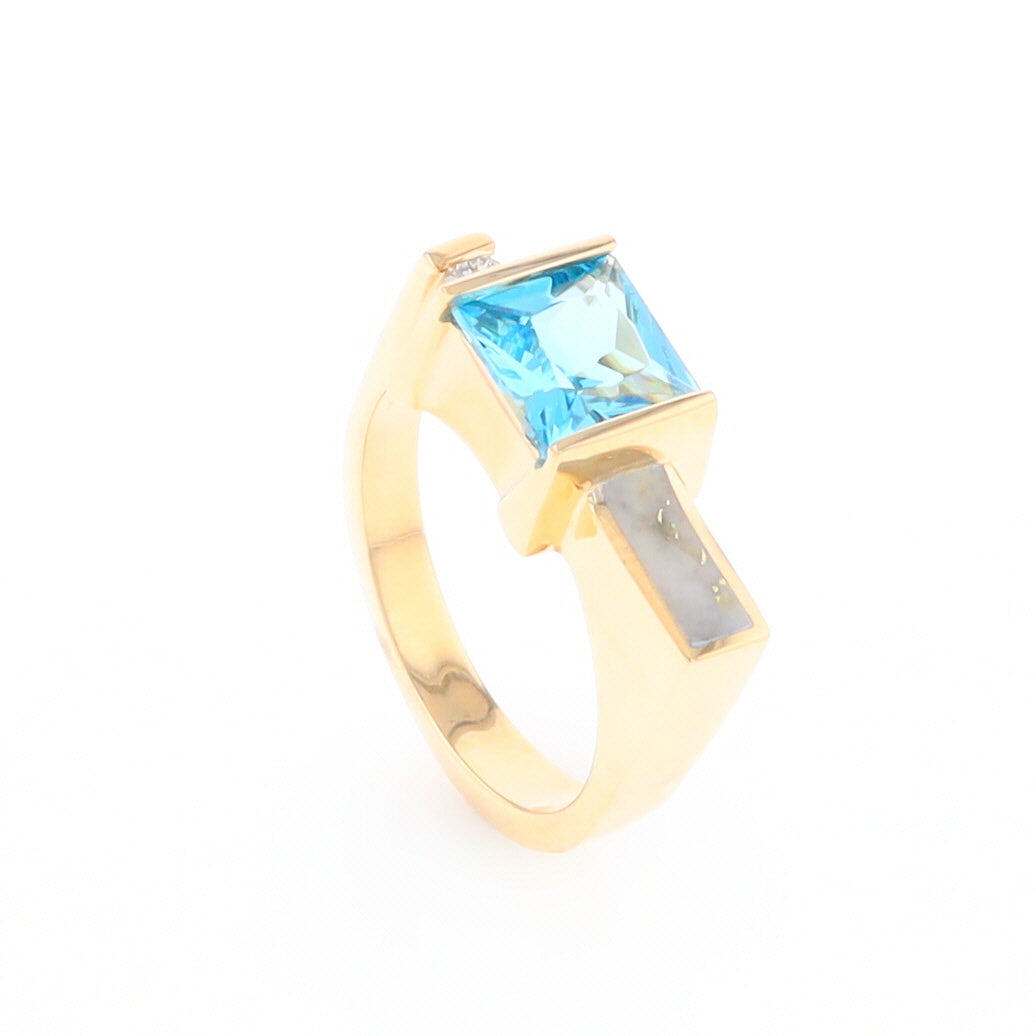 Gold Quartz Ring Rectangle Inlay Swiss Blue Topaz .06ct Round Diamond