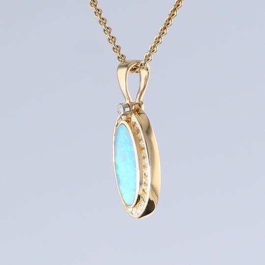 Opal Pendant Oval Inlaid Design with .37ctw Round Diamonds Halo