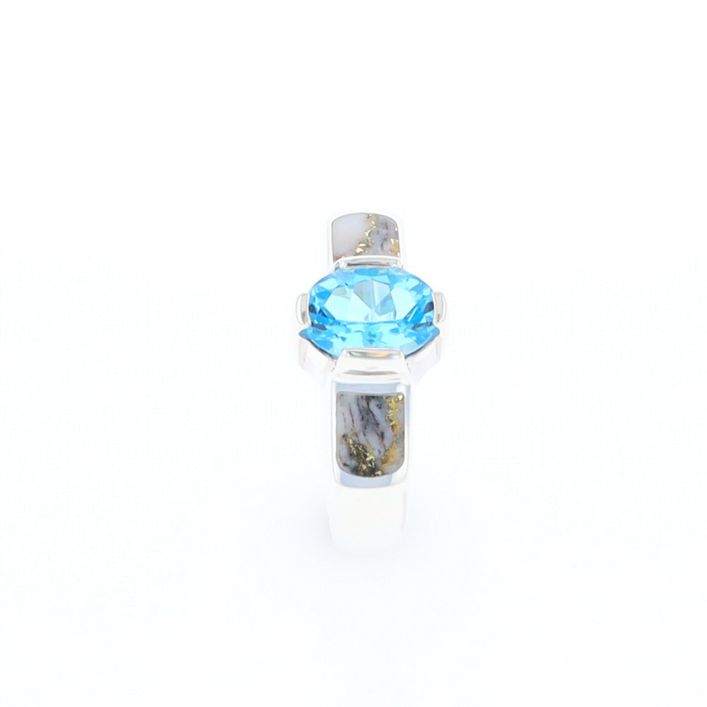 Sterling Silver Gold Quartz Inlaid Oval Blue Topaz Ring - G3