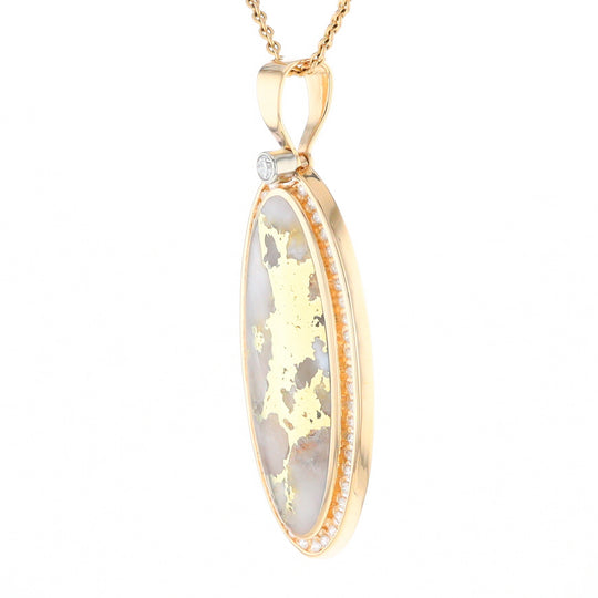 Gold Quartz Necklace 0.96ctw Halo Diamond Oval Inlaid Pendant