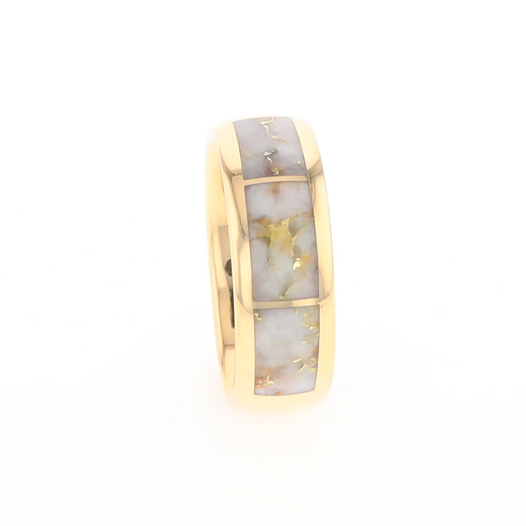 Gold Quartz Ring 3 Section Rectangle Inlaid Design Band