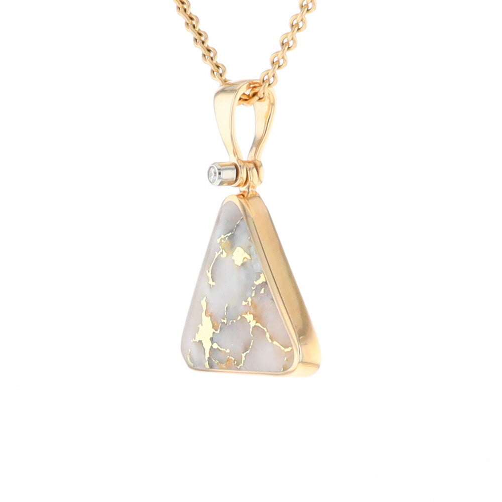 Gold Quartz Necklace Triangle Inlaid Pendant with .02ct Diamond