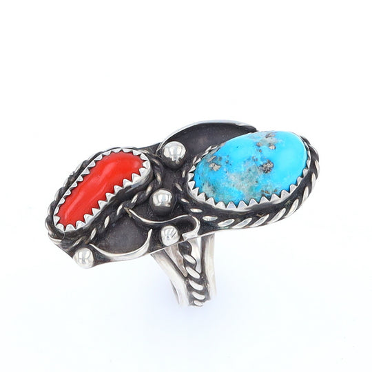 Freeform Turquoise and Coral Silver Rope Ring