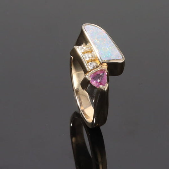 Opal Rings Geometric Inlaid with Pink Sapphire and .08ctw Diamonds
